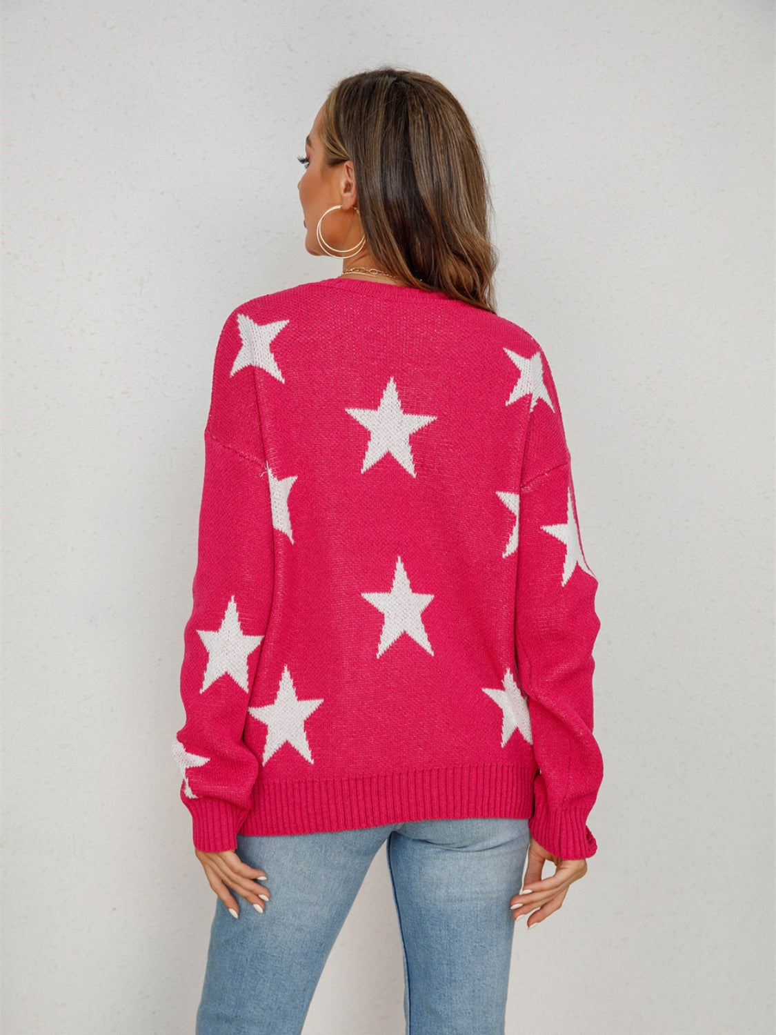 Star Round Neck Dropped Shoulder Sweater-Jewearrings