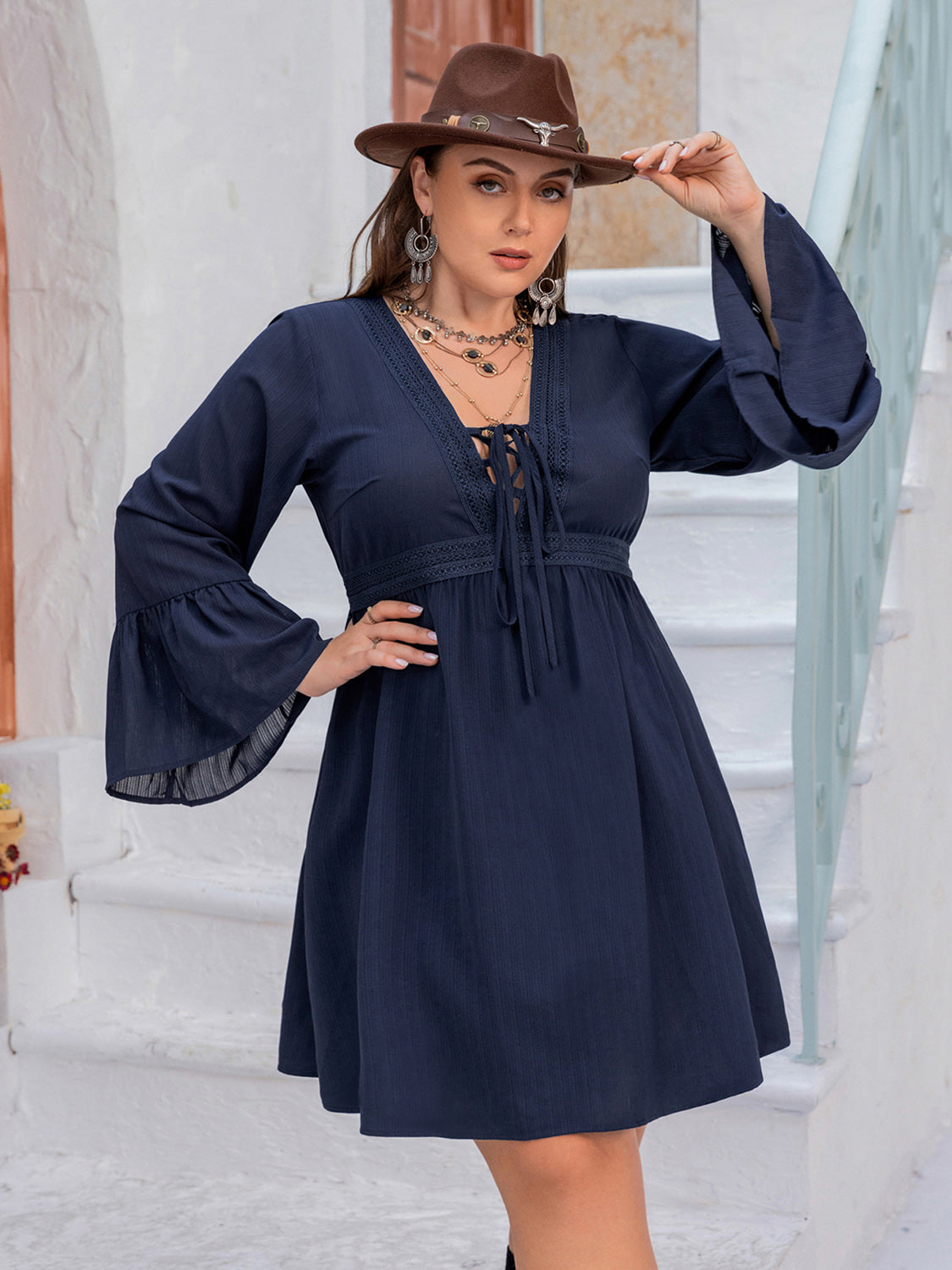 Plus Size Tie Front V-Neck Flare Sleeve Dress-Jewearrings