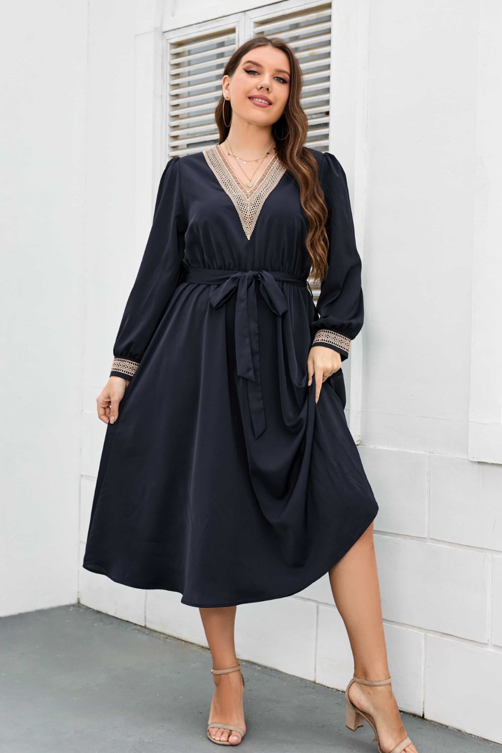 Melo Apparel Plus Size Contrast Tie Waist Midi Dress-Jewearrings