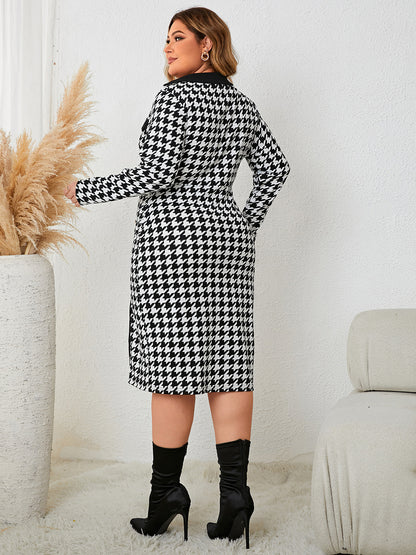 Plus Size Houndstooth Long Sleeve Slit Dress-Jewearrings