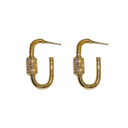 Silver Needle Golden Hollow Geometric Inlaid Zircon Earrings-Jewearrings