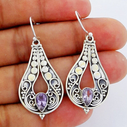 Women's Fashion Silver Carved Purple Gemstone Earrings-Jewearrings