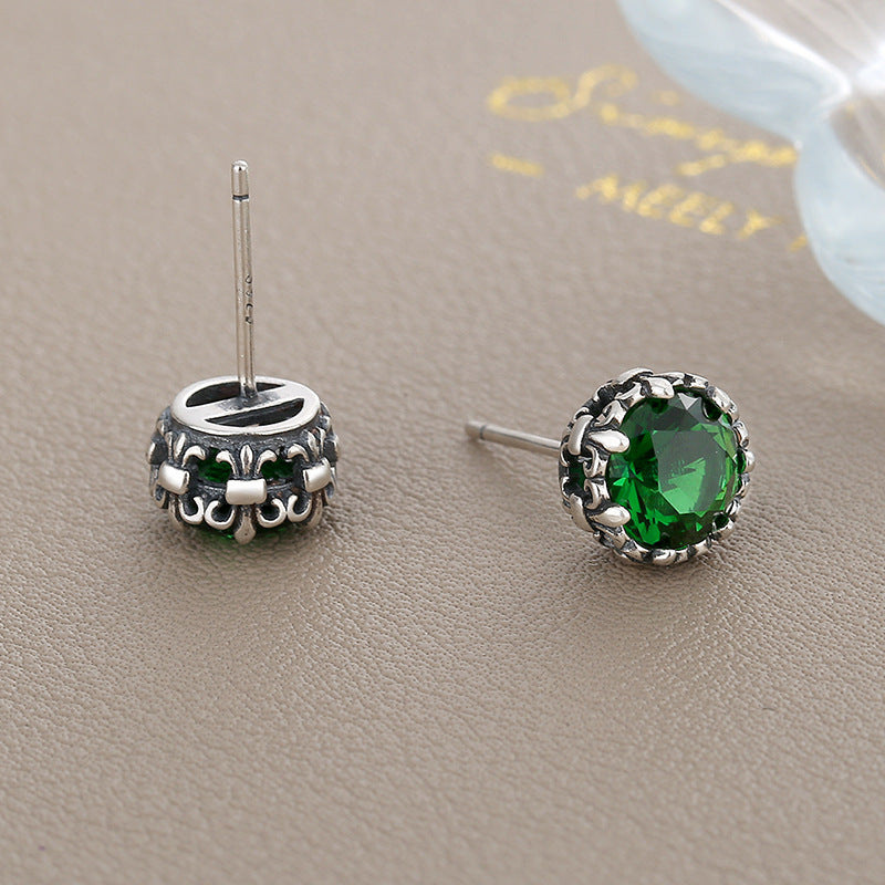 S925 Sterling Silver Emerald Zircon Retro Small Cross Earrings-Jewearrings