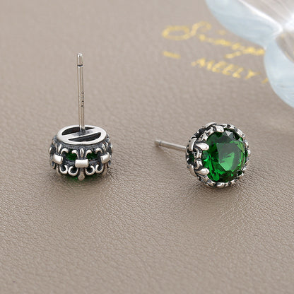 S925 Sterling Silver Emerald Zircon Retro Small Cross Earrings-Jewearrings