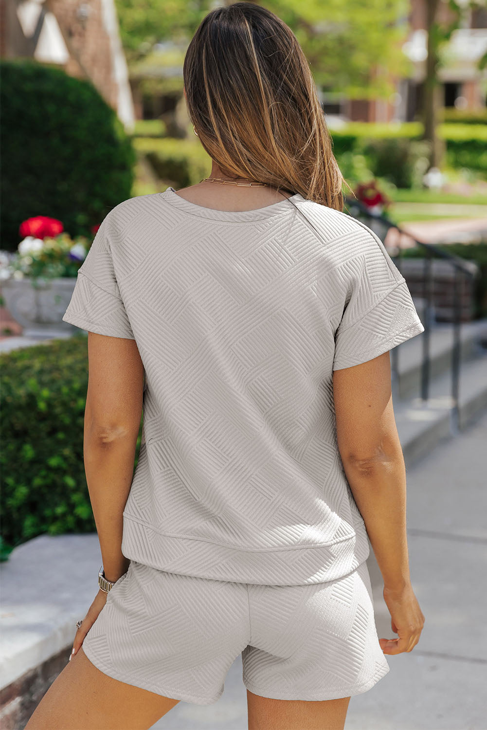 Textured Round Neck T-Shirt and Shorts Set-Jewearrings