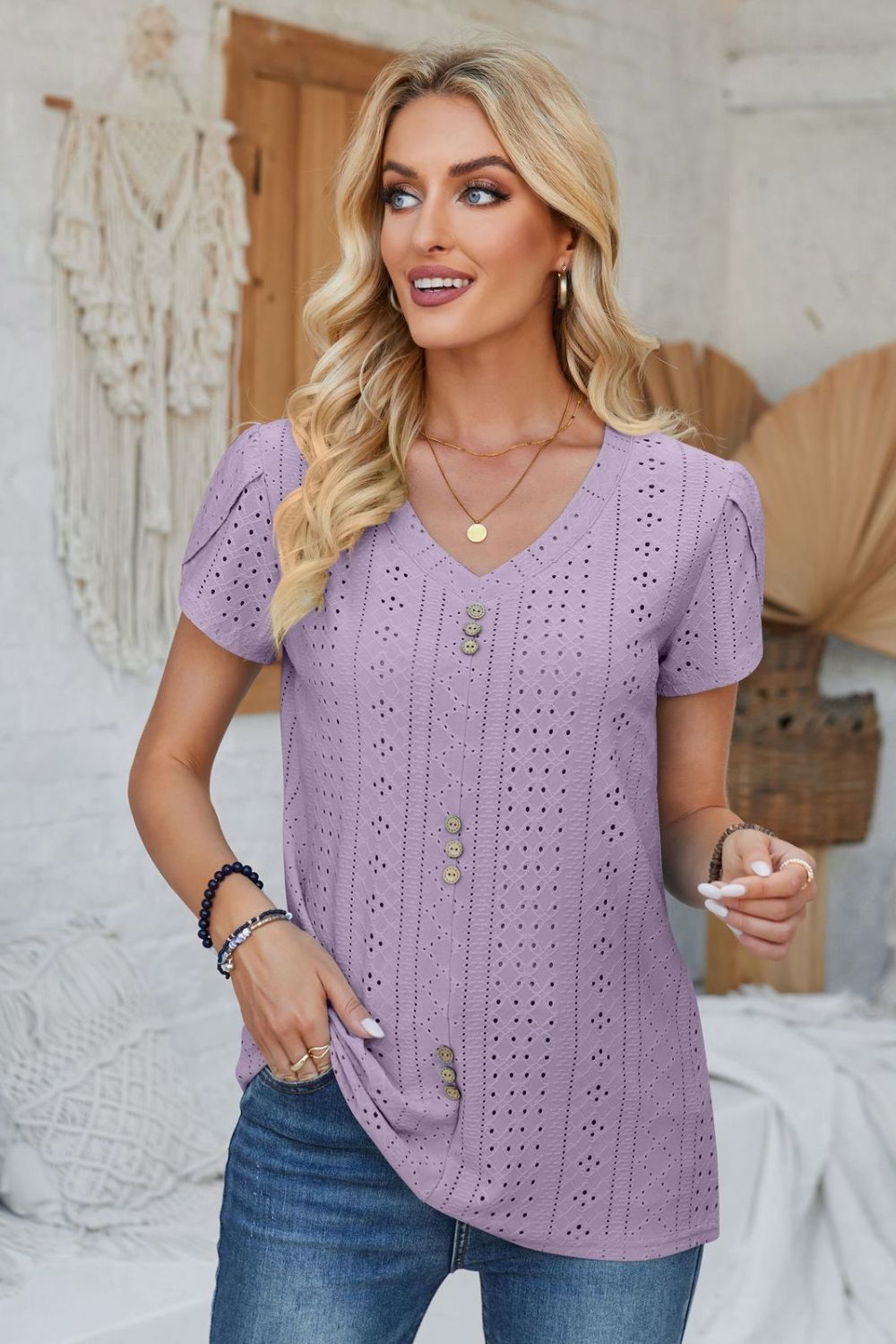 Decorative Button Eyelet V-Neck Short Sleeve T-Shirt-Jewearrings