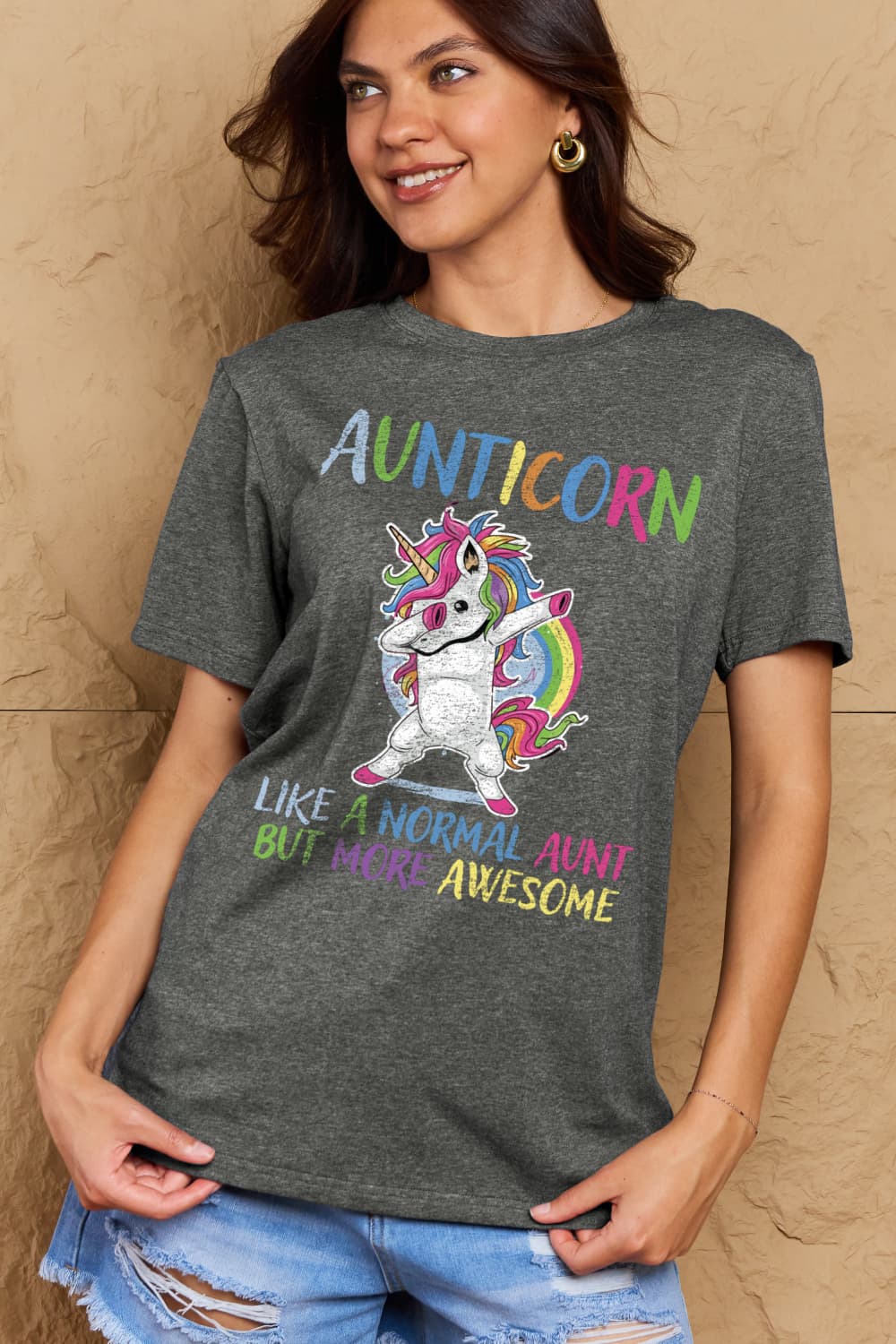 Simply Love Full Size AUNTICORN LIKE A NORMAL AUNT BUT MORE AWESOME Graphic Cotton Tee-Jewearrings