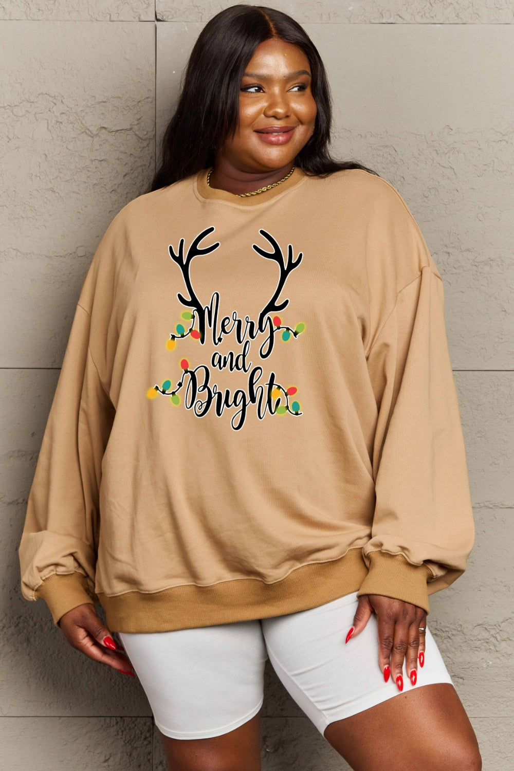 Simply Love Full Size MERRY AND BRIGHT Graphic Sweatshirt-Jewearrings