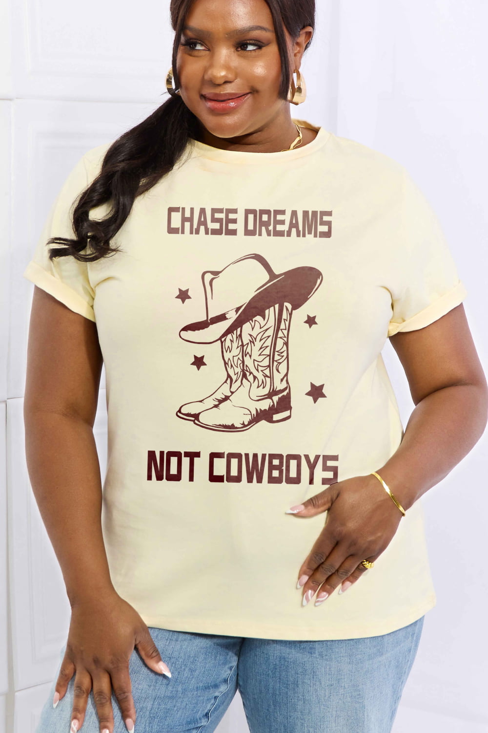 Simply Love Simply Love Full Size CHASE DREAMS NOT COWBOYS Graphic Cotton Tee-Jewearrings