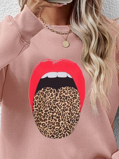 Leopard Lip Graphic Round Neck Sweatshirt-Jewearrings