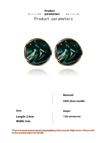 Female Cangling Green Round Hill Surface Silver Pin Earrings-Jewearrings