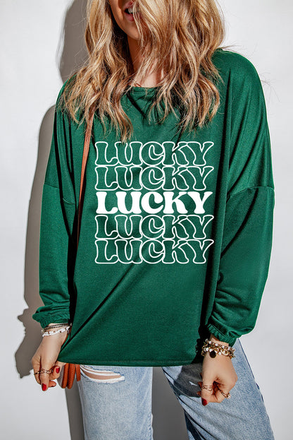 LUCKY Round Neck Dropped Shoulder Sweatshirt-Jewearrings