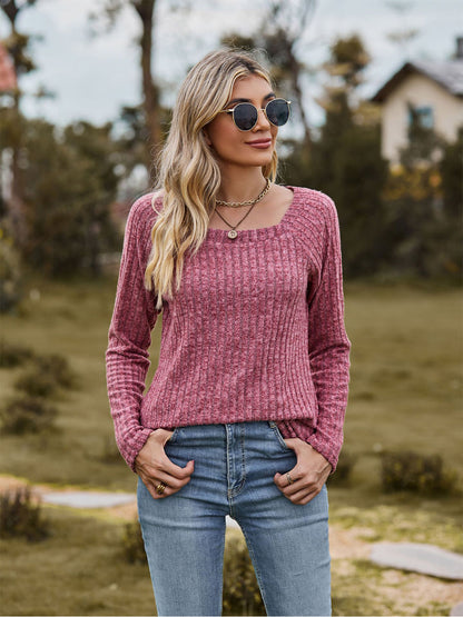 Full Size Ribbed Square Neck Long Sleeve T-Shirt-Jewearrings