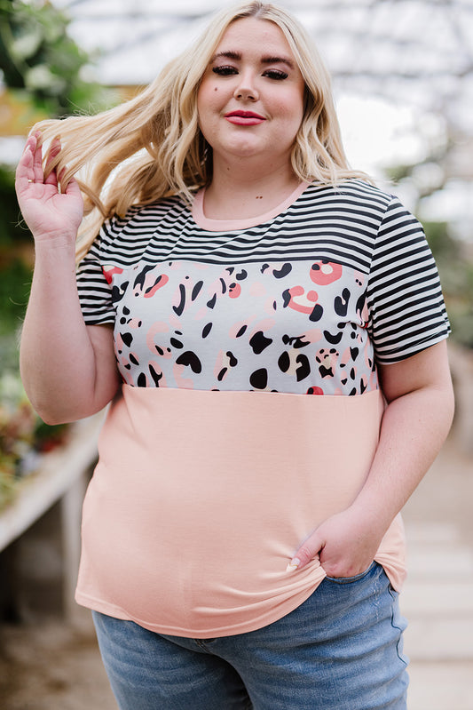 Plus Size Mixed Print Color Block T-Shirt-Jewearrings