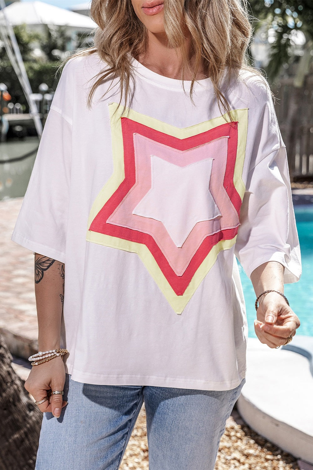 Star Round Neck Dropped Shoulder T-Shirt-Jewearrings