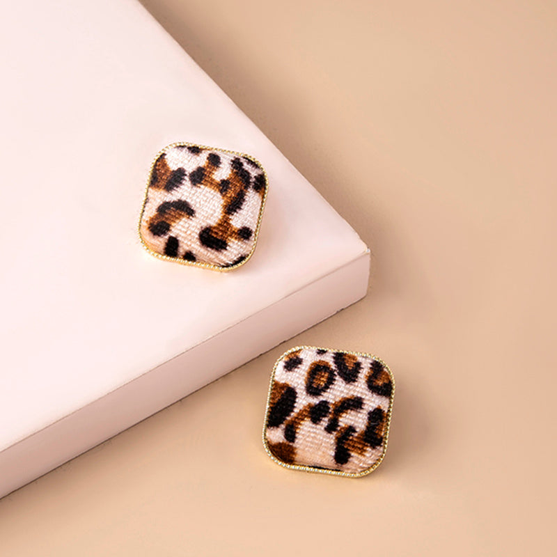 Fashion Square Leopard Print Corduroy Stud Earrings For Women-Jewearrings