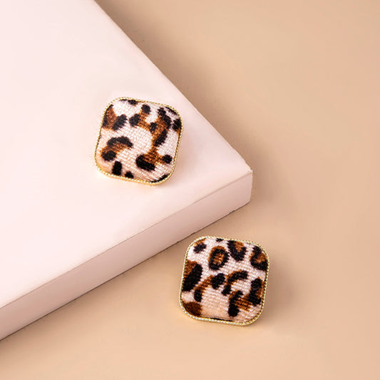 Fashion Square Leopard Print Corduroy Stud Earrings For Women-Jewearrings