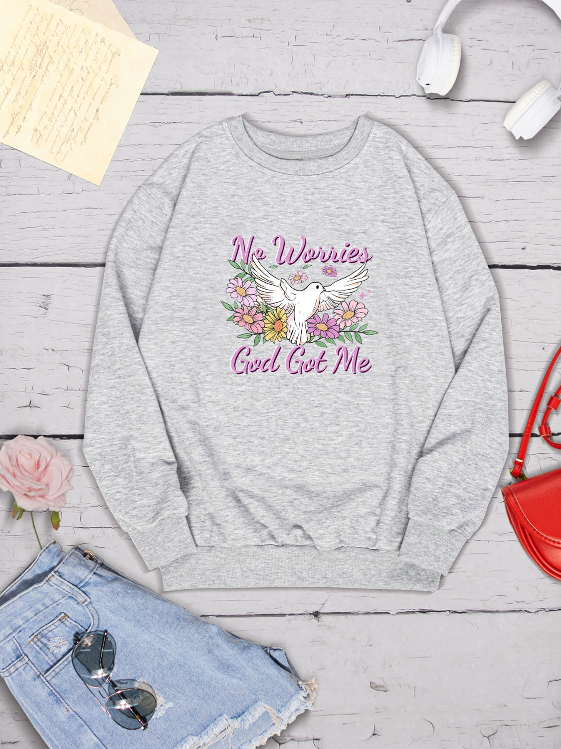 NO WORRIES GOD GOT ME Round Neck Sweatshirt-Jewearrings