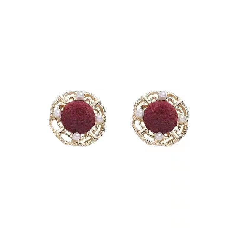 Sterling Silver Needle French Style Retro Exquisite Velvet Wine Red Stud Earrings Female Niche High Sense-Jewearrings