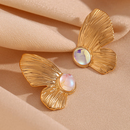 Stainless Steel 18K Gold Plating Cast Colorful Crystals Butterfly Wings Stud Earrings-Jewearrings