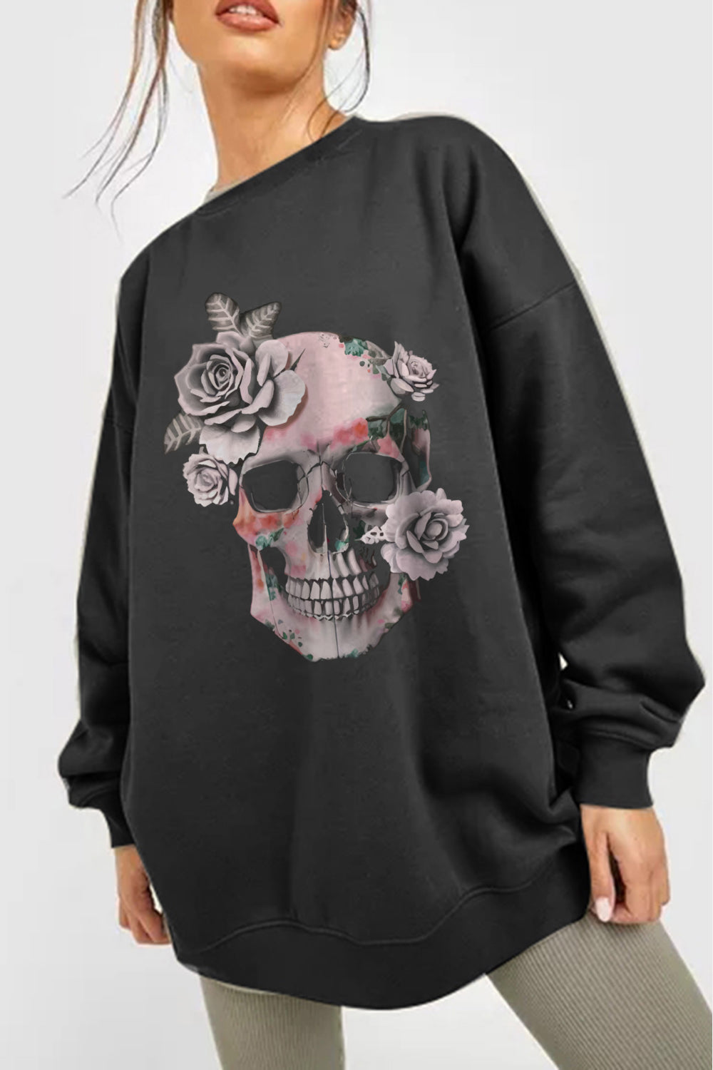 Simply Love Simply Love Full Size Dropped Shoulder SKULL Graphic Sweatshirt-Jewearrings