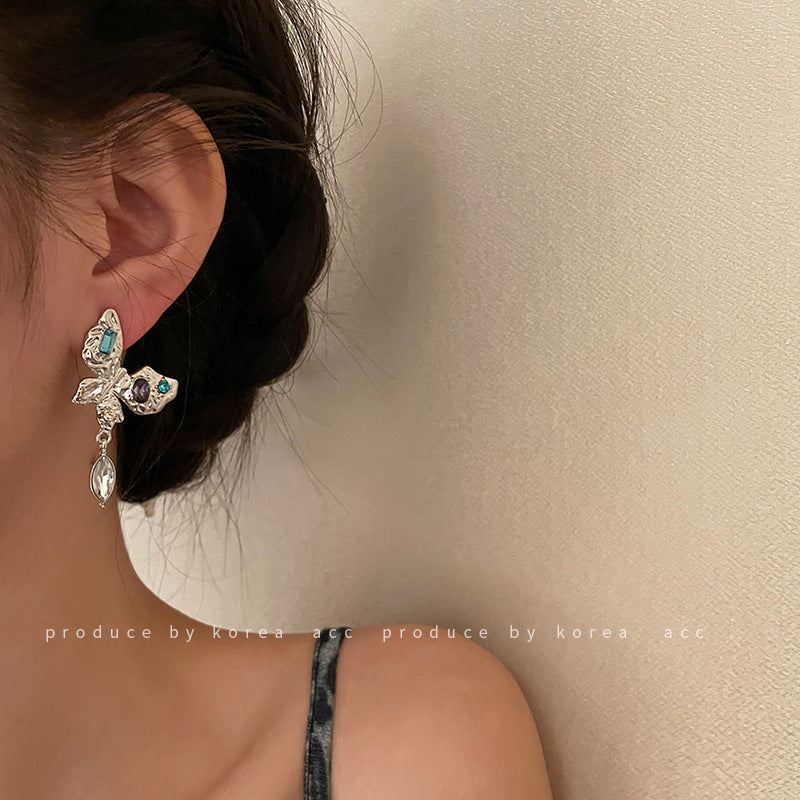 Silver Needle Crystal Butterfly Earrings Korean Design Small And Exquisite-Jewearrings