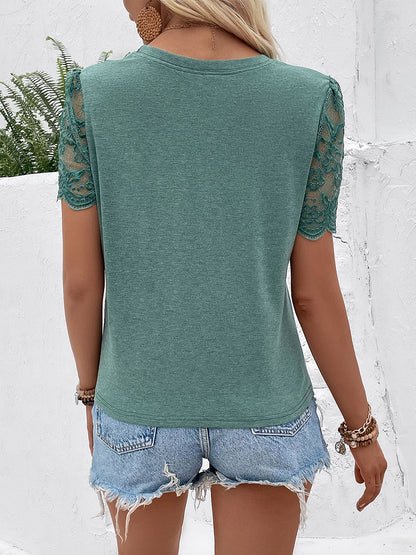 Lace Detail Short Sleeve Round Neck T-Shirt-Jewearrings