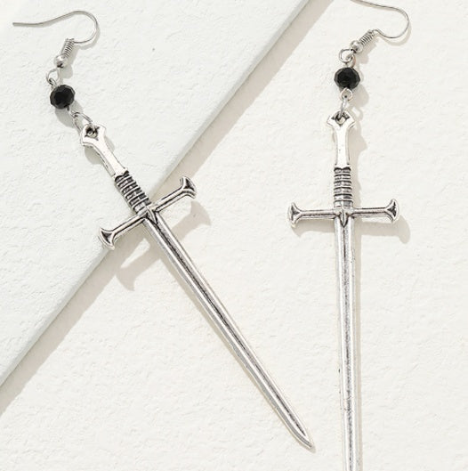 Long Sword Hilt Stud Earrings Cool Hip Hop Red Water Drop Cross Earrings-Jewearrings