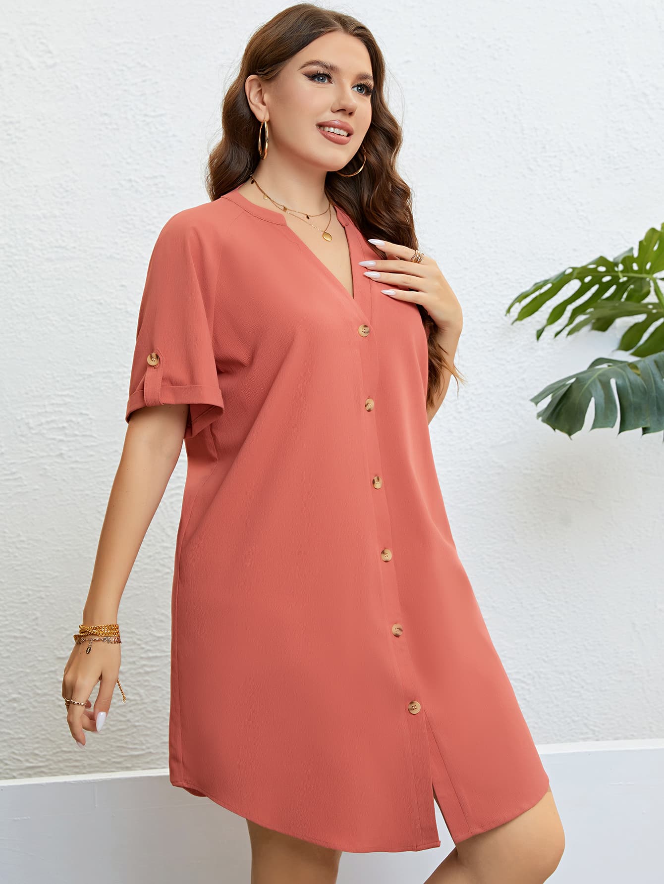 Plus Size Buttoned Notched Neck Shift Dress-Jewearrings