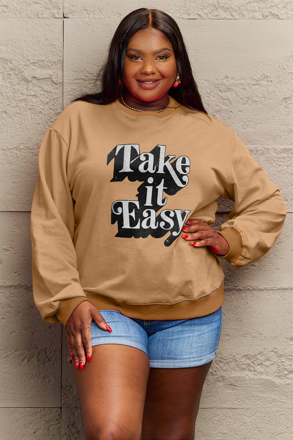 Simply Love Full Size TAKE IT EASY Graphic Sweatshirt-Jewearrings