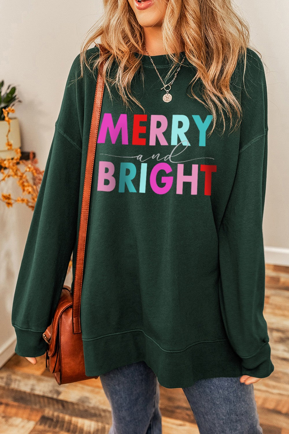 MERRY AND BRIGHT Round Neck Sweatshirt-Jewearrings