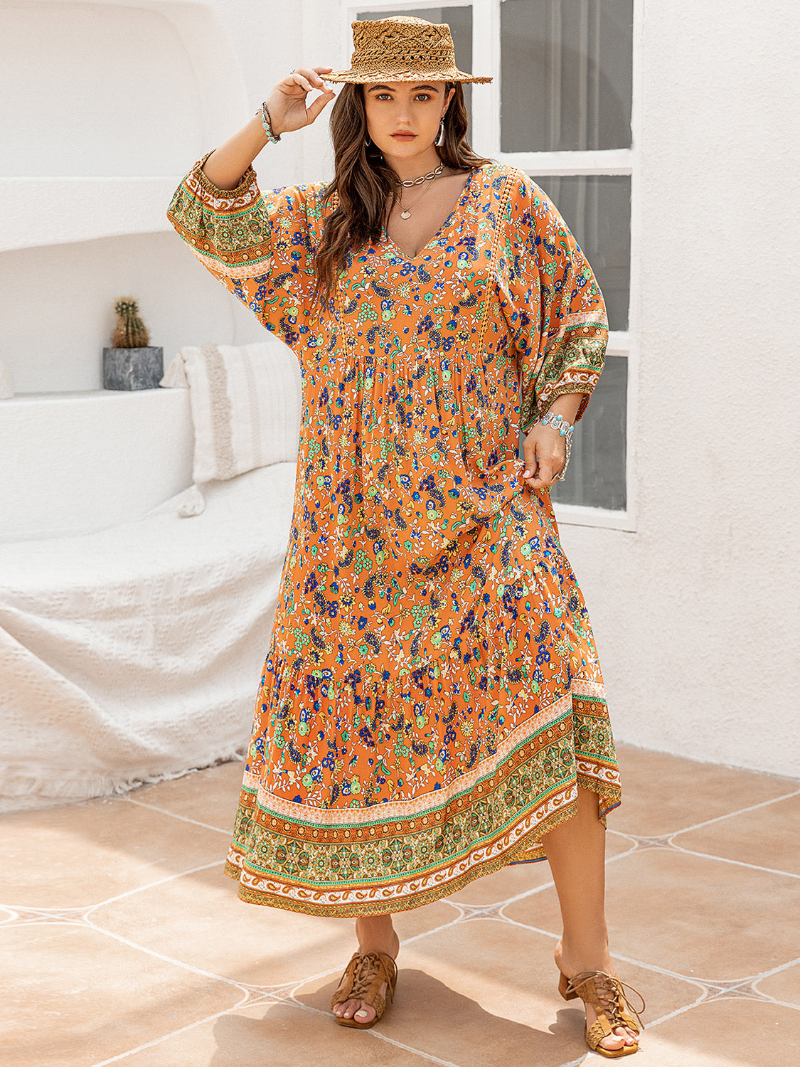 Plus Size Floral V-Neck Balloon Sleeve Midi Dress-Jewearrings