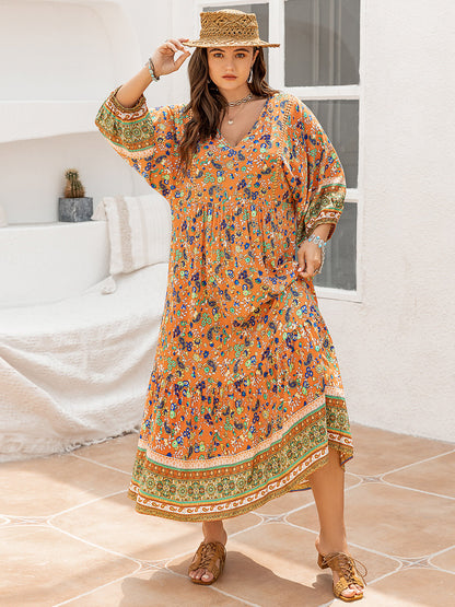 Plus Size Floral V-Neck Balloon Sleeve Midi Dress-Jewearrings