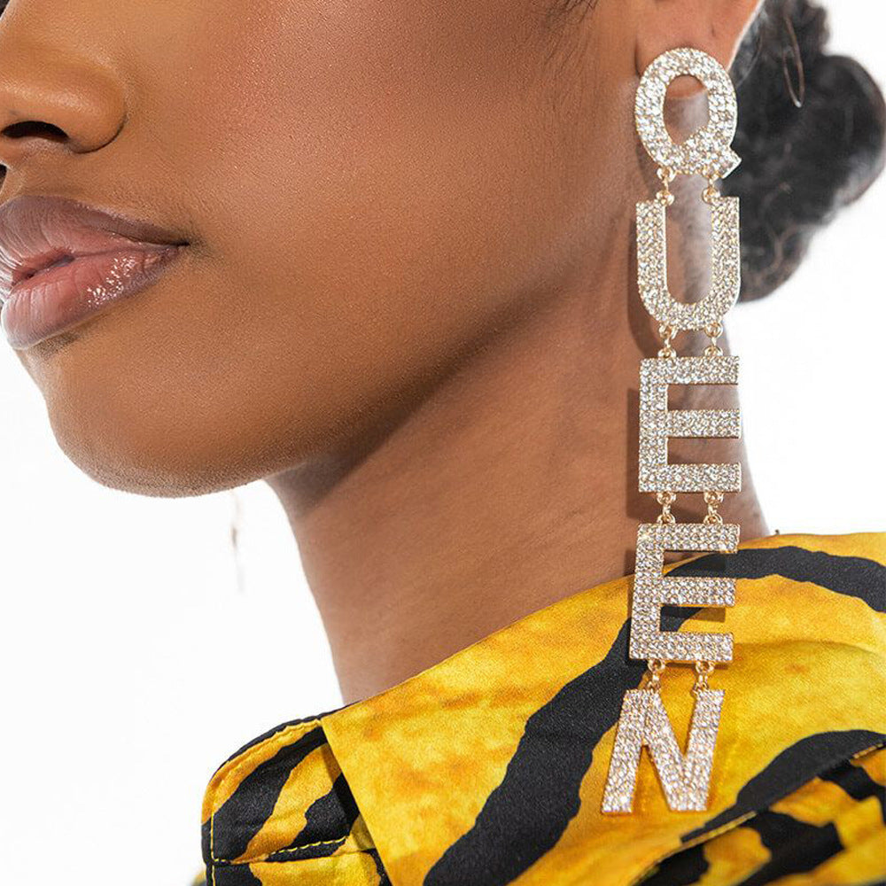 Queen Rhinestone Hoop Earrings Women's Long Letters-Jewearrings