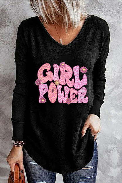 GIRL POWER Leopard Graphic V-Neck Top-Jewearrings