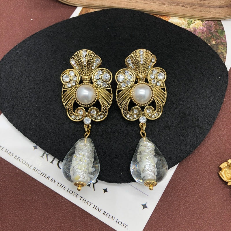 Retro Distressed Design Sense Earrings Rhinestone Pearl Earrings-Jewearrings