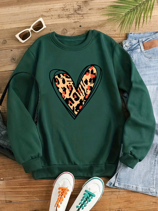 Leopard Heart Round Neck Long Sleeve Sweatshirt-Jewearrings