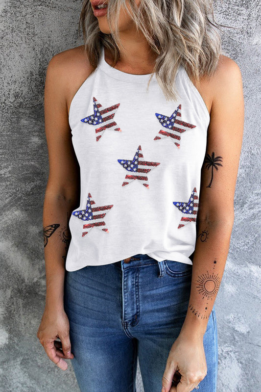 Sequin US Flag Star Grecian Neck Tank-Jewearrings