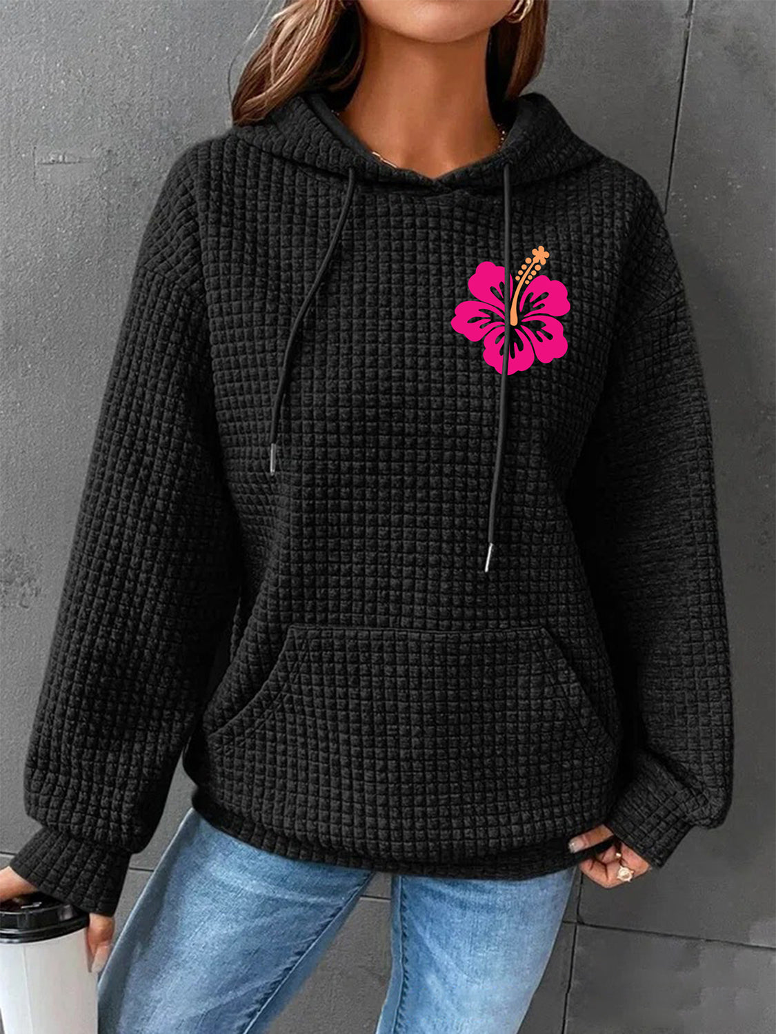 Full Size Flower Graphic Textured Hoodie with Pocket-Jewearrings