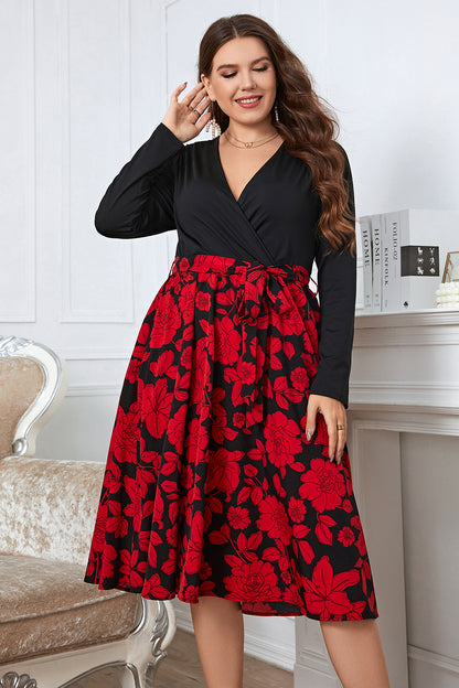 Plus Size Floral Surplice Neck Long Sleeve Dress-Jewearrings