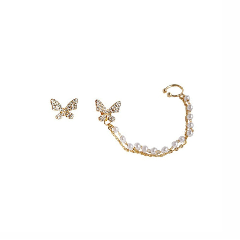 Two-piece Butterfly Ear Bone Clip Earrings One-piece Pearl Chain-Jewearrings