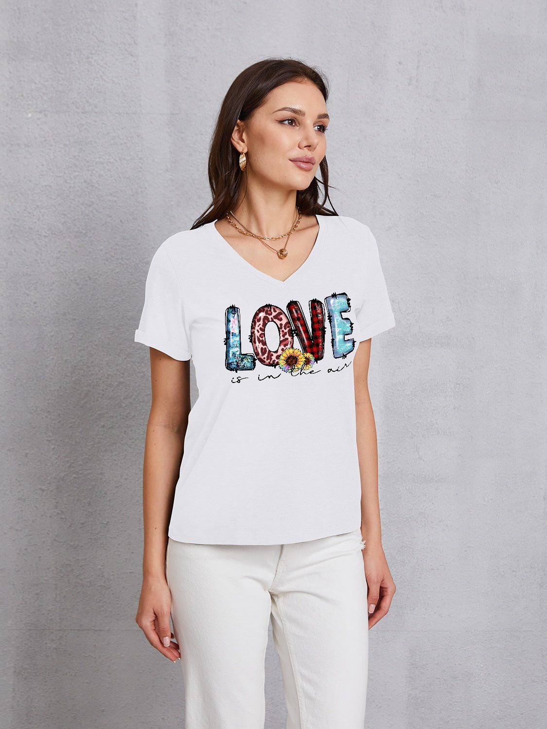 Letter Graphic V-Neck Short Sleeve T-Shirt-Jewearrings