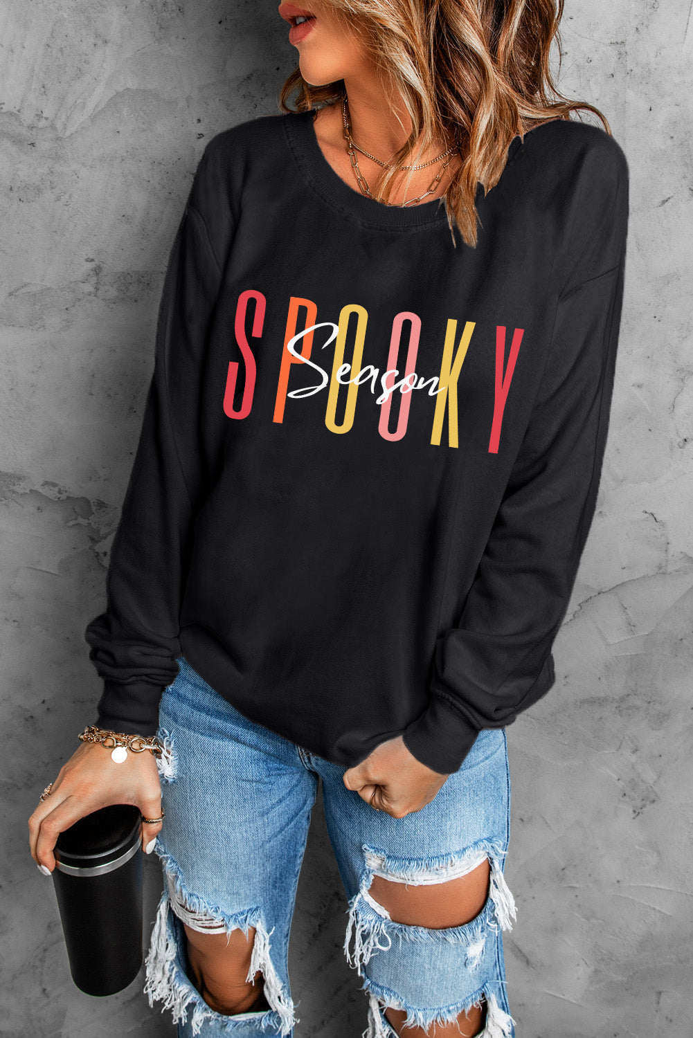 Round Neck Long Sleeve SPOOKY SEASON Graphic Sweatshirt-Jewearrings