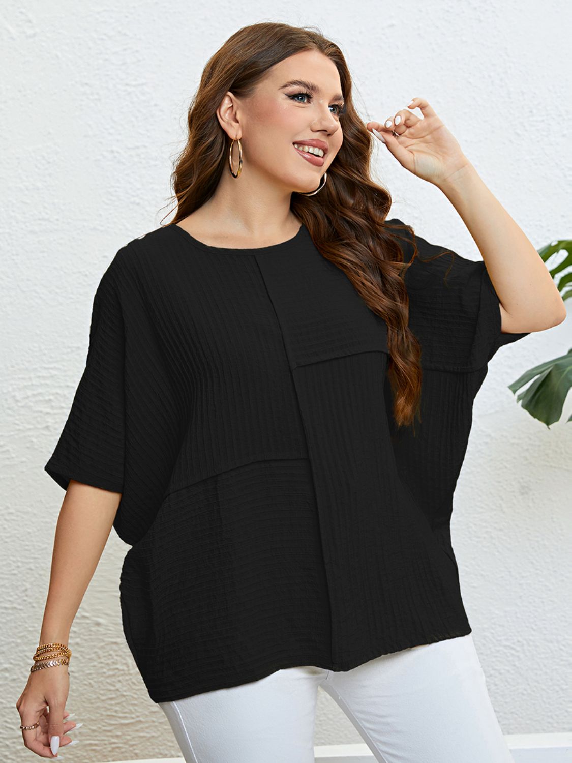 Plus Size Seam Detail Half Sleeve Top-Jewearrings