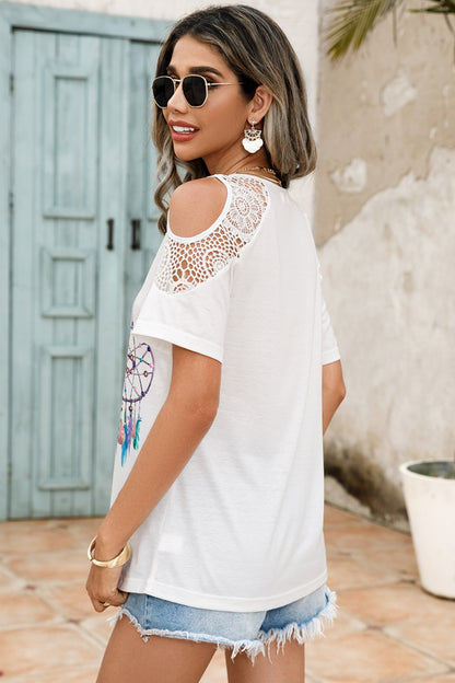 Lace Detail Round Neck Cold Shoulder Blouse-Jewearrings