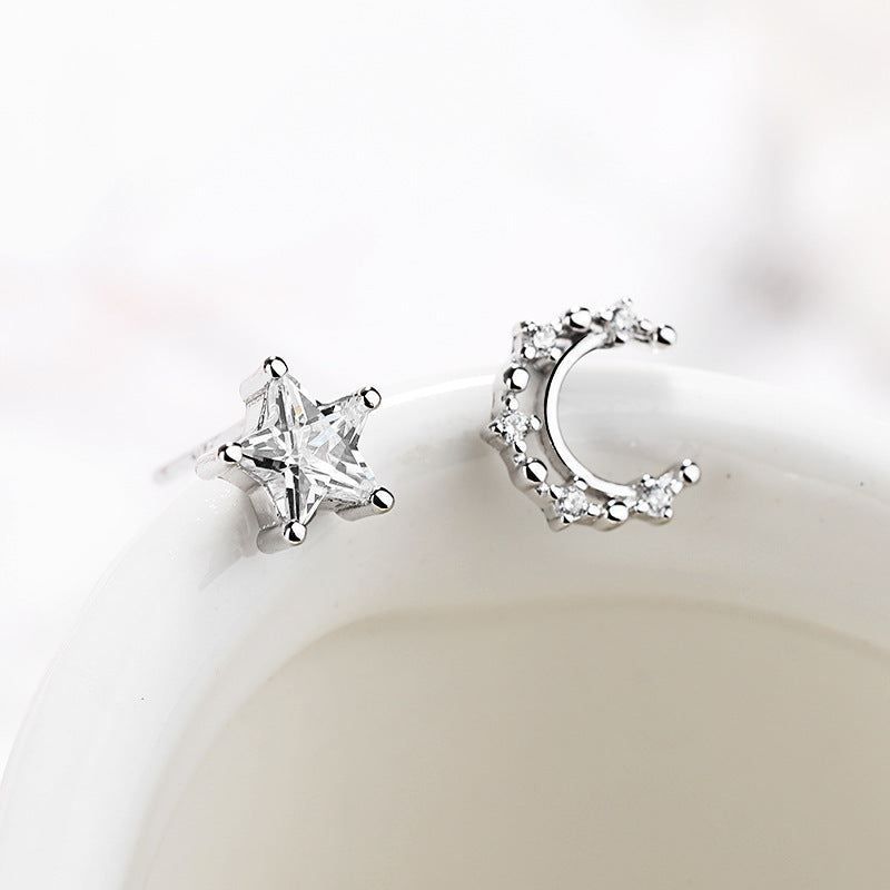 Women's Fashion Sterling Silver Star Moon Asymmetric Stud Earrings-Jewearrings