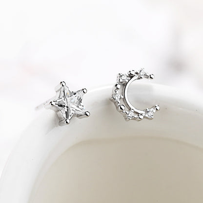 Women's Fashion Sterling Silver Star Moon Asymmetric Stud Earrings-Jewearrings