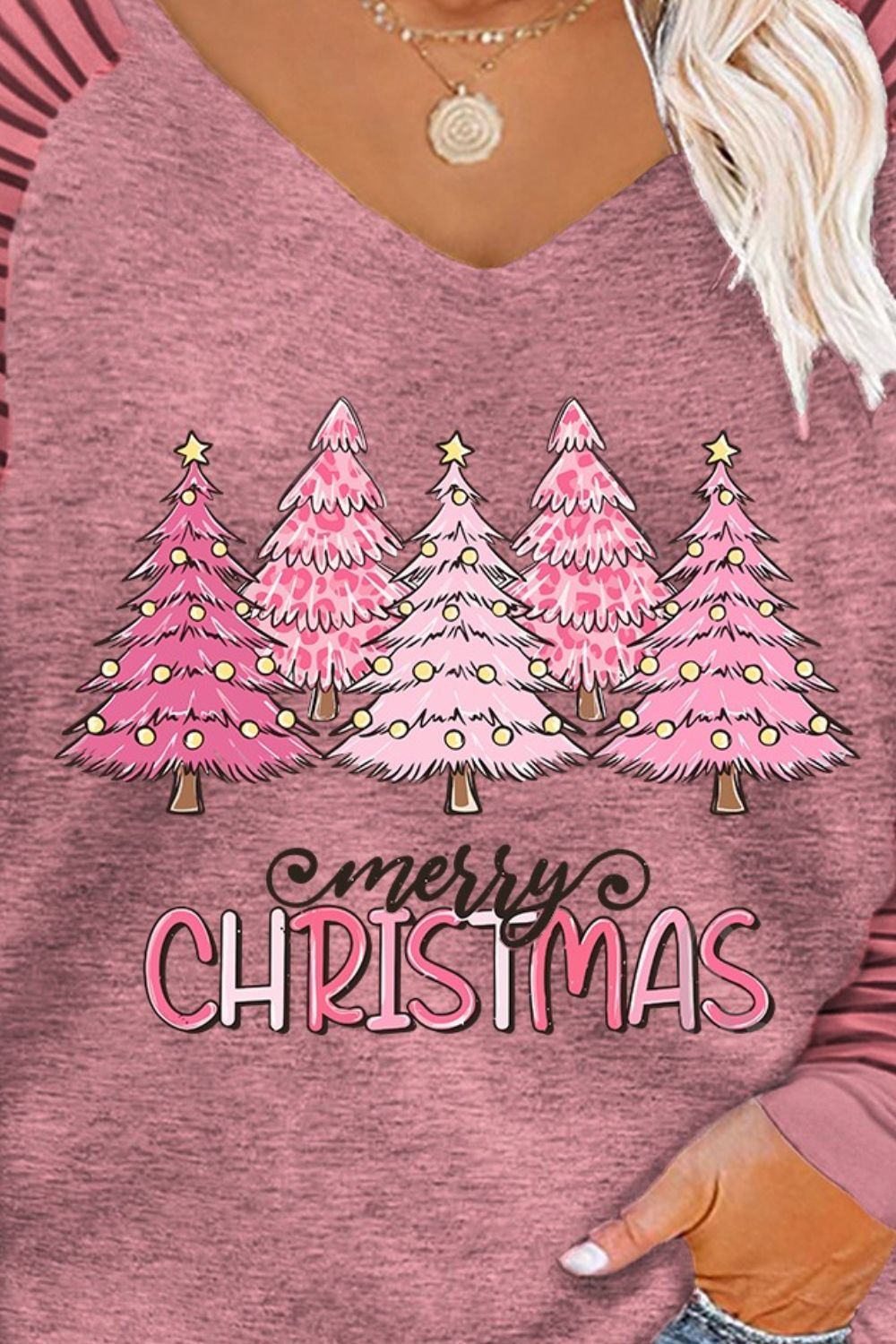 Plus Size MERRY CHRISTMAS Striped Long Sleeve T-Shirt-Jewearrings