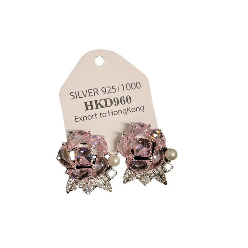 925 Silver Needle Classic Style Copper Micro Inlay Super Glitter Zircon Rose Stud Earrings-Jewearrings