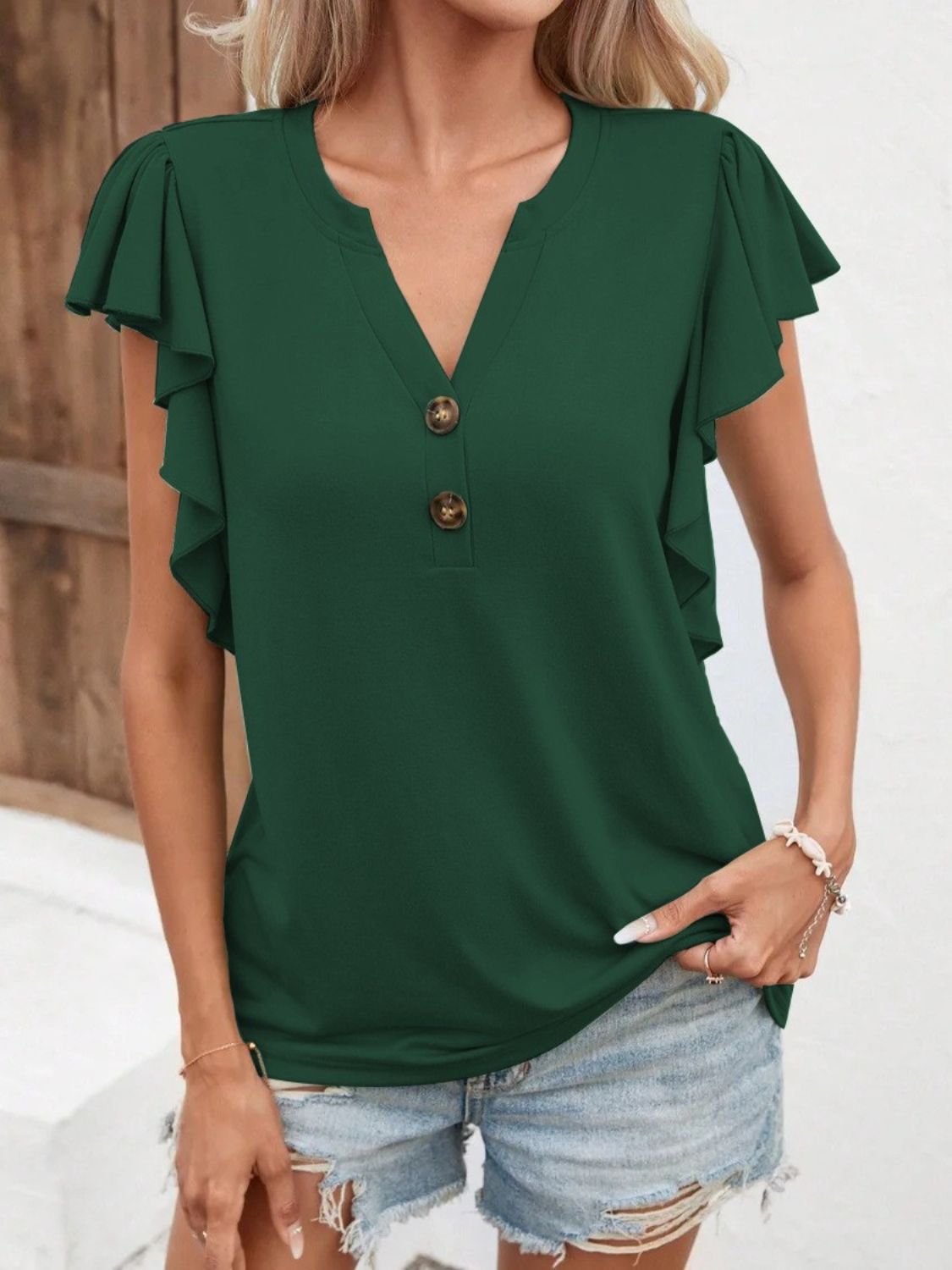 Full Size Ruffled Notched Cap Sleeve T-Shirt-Jewearrings